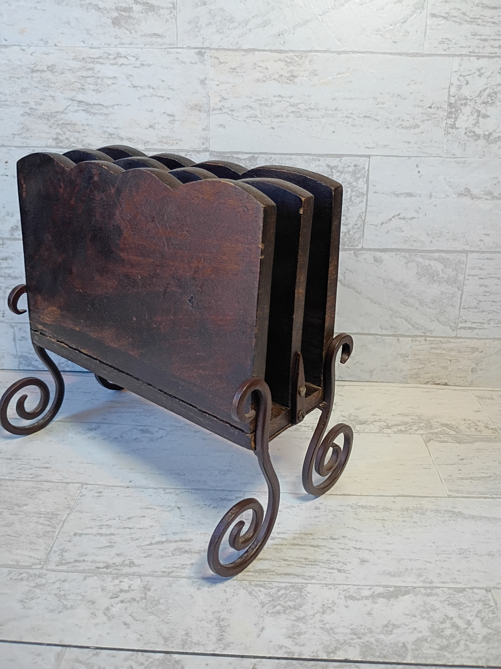 Vintage Wooden Letter Rack with Scroll Metal Feet - Dark Brown